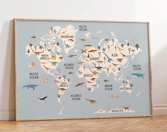 Dinosaur World Map Art Print, Nursery Educational Poster