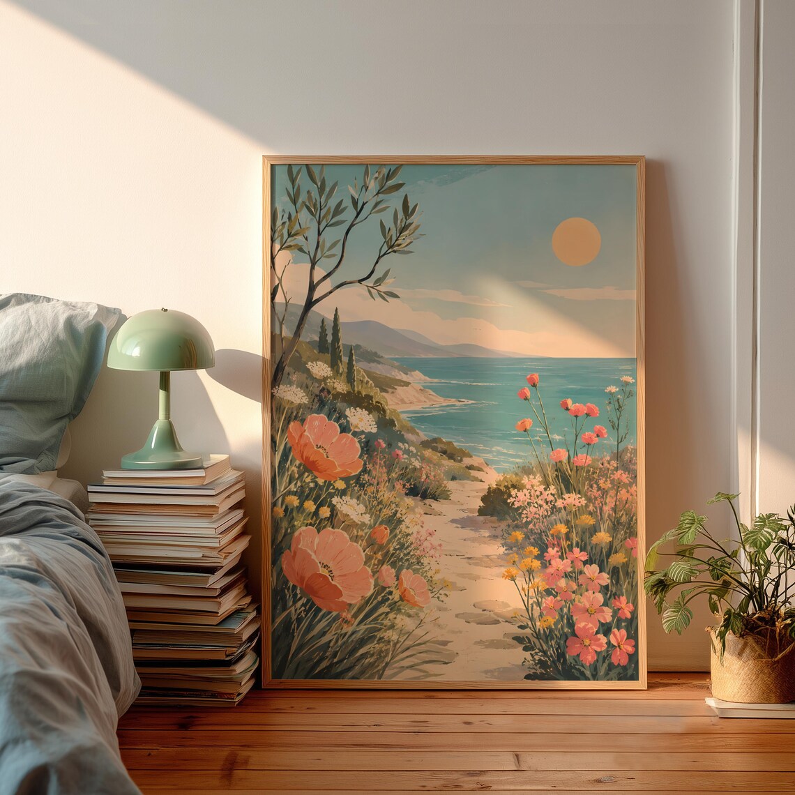Wildflower Coastal Path Sunset Sea Vintage Travel Style Art Print