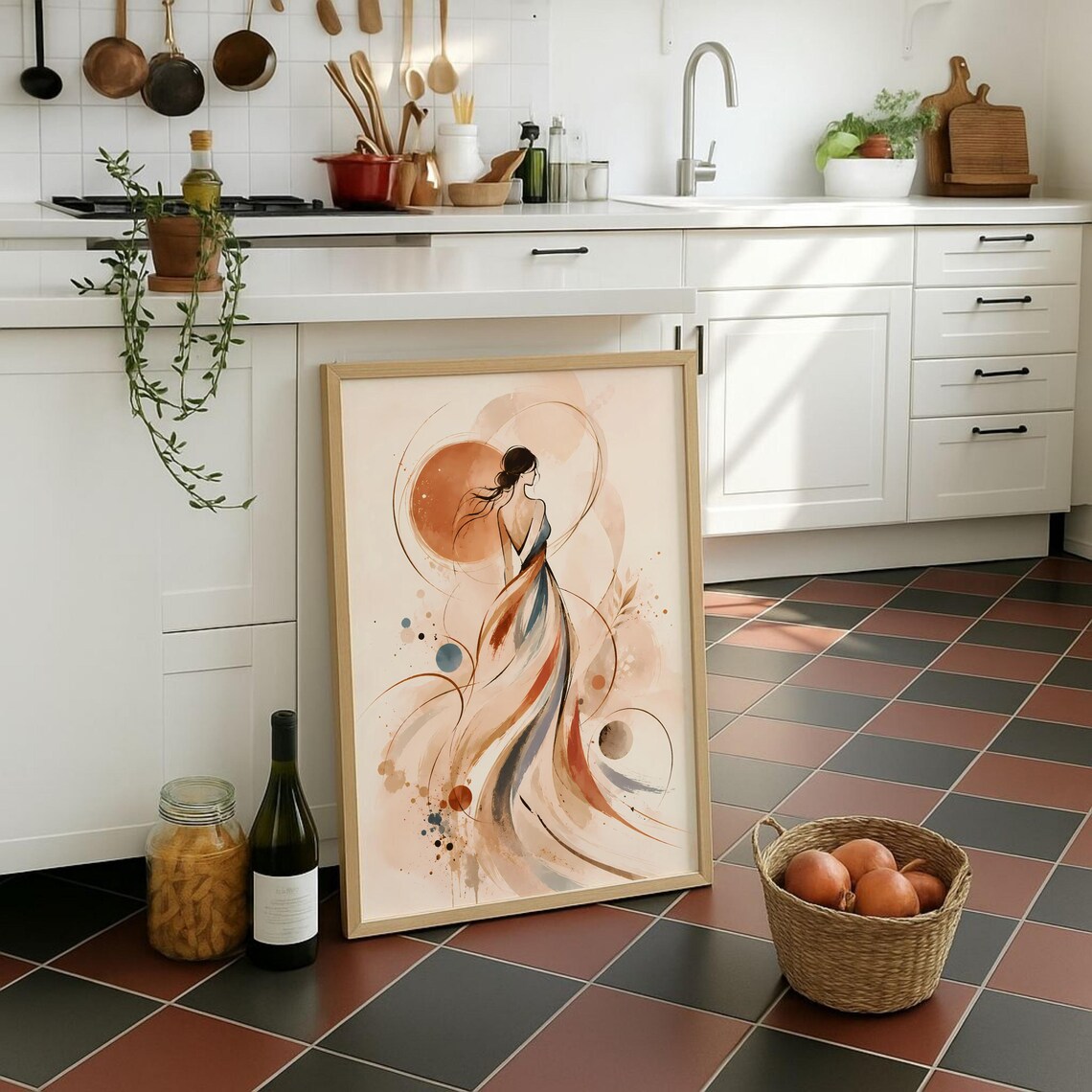 Elegant Woman Flowing Dress Poster Terracotta Beige Abstract Figure