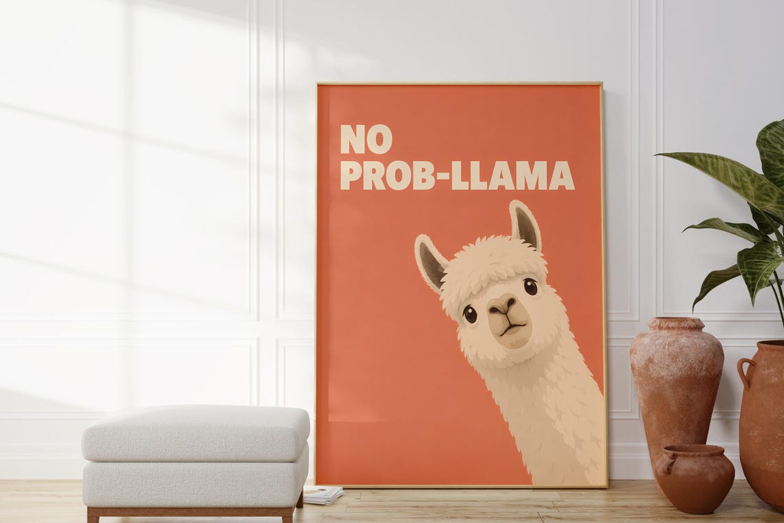 No Prob-Llama Funny Coral Llama Quote Poster for Kids Bedroom Decor