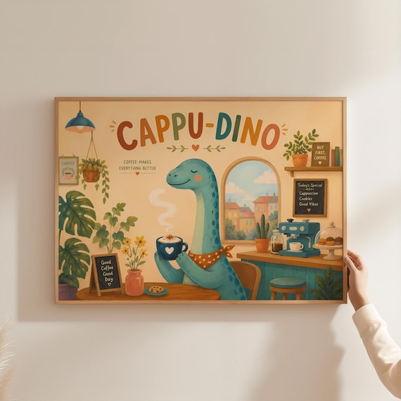 Cappu Dino Cute Longneck Dinosaur Sipping Coffee In Cozy Cafe Poster