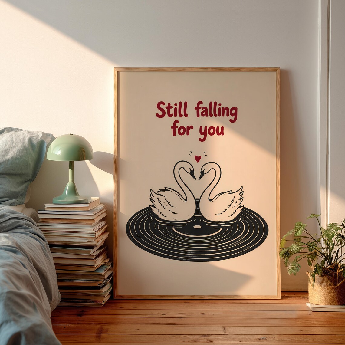 Still Falling for You Swan Couple on Vinyl Record Love Poster