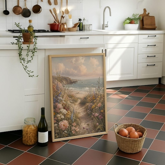 Vintage Coastal Wildflower Path Poster, Cottagecore
