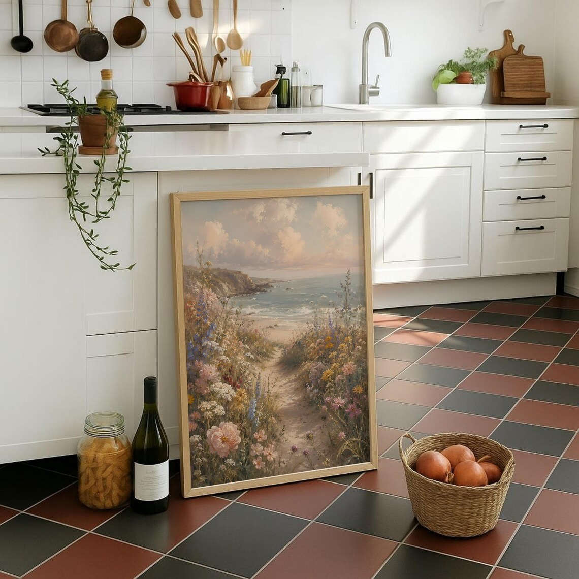 Vintage Coastal Wildflower Path Poster, Cottagecore