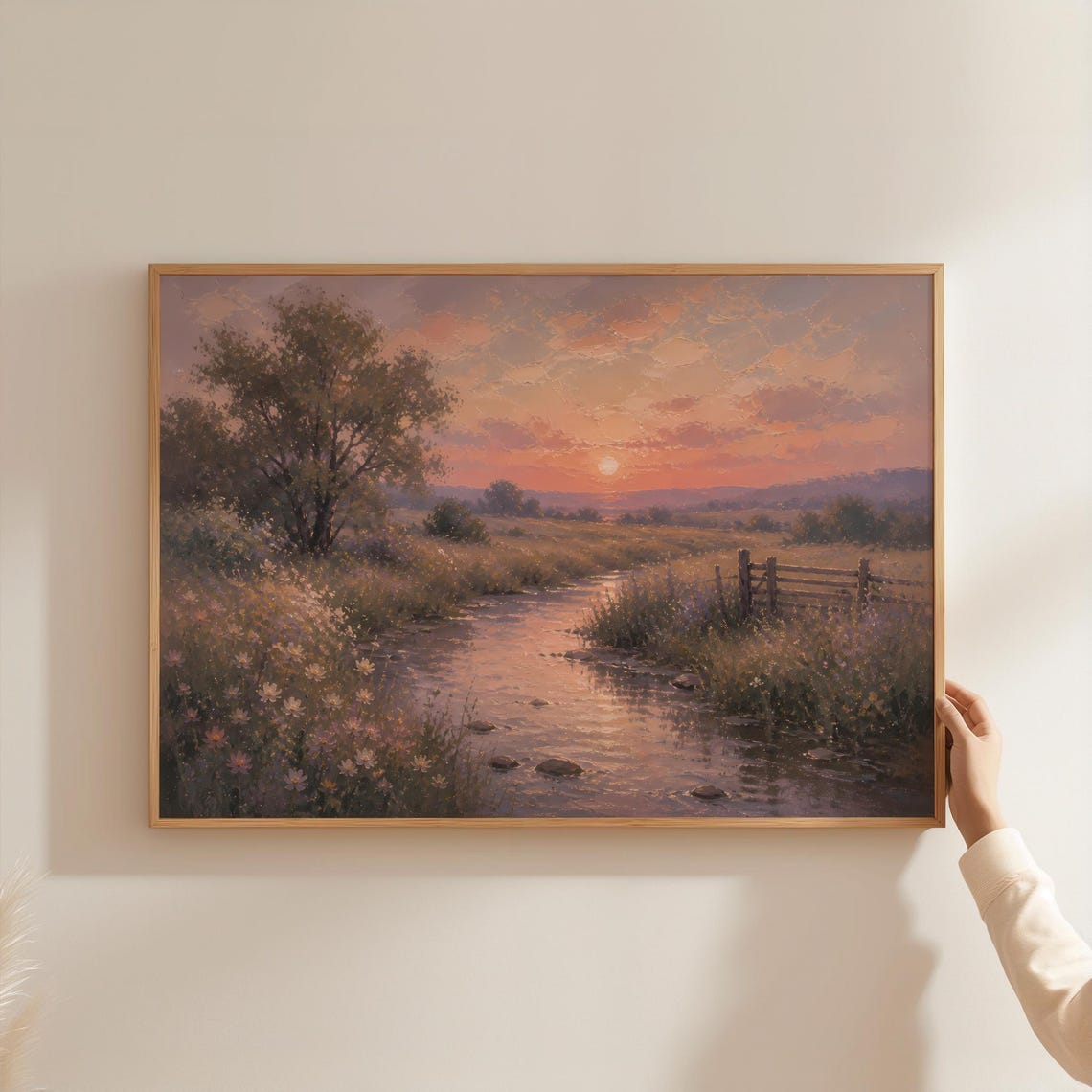 Sunset Meadow Stream Landscape Golden Hour Peaceful Country Art Poster