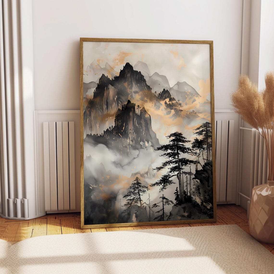 Ink Wash Mountain Peaks Golden Mist Pines Asian Zen Serene Poster
