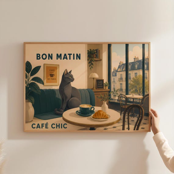 Vintage Black Cat Coffee Croissant Art Print Paris Apartment Style Wall Decor Cafe De Poster Cute Lover Gift