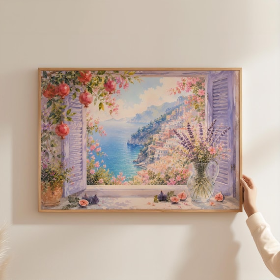 Italian Coastal Window Amalfi Coast Pomegranate Watercolor Poster