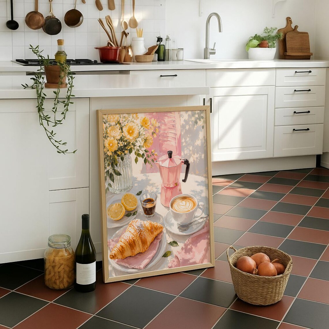 Pink Espresso Morning Coffee Croissant Lemon Watercolor Poster