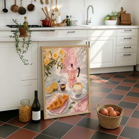 Pink Espresso Morning Coffee Croissant Lemon Watercolor Poster