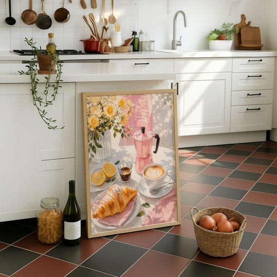 Printable Morning Coffee Art Pink Espresso Maker Download Yellow Flowers Lemon Kitchen Poster Cozy Breakfast Digital Pdf