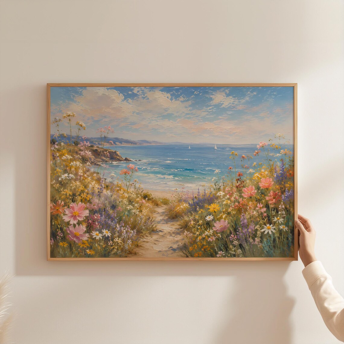 Coastal Watercolor Beach Poster, Soft Pastel Landscape