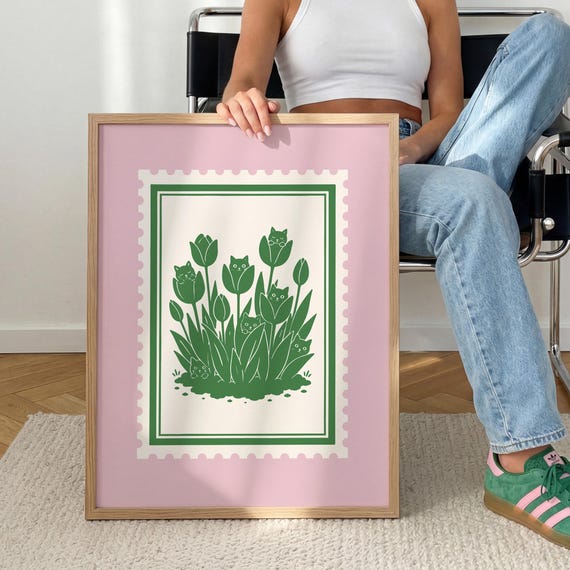 Garden Cats Tulips Print Pink Green Trendy Gardening Poster Digital Download
