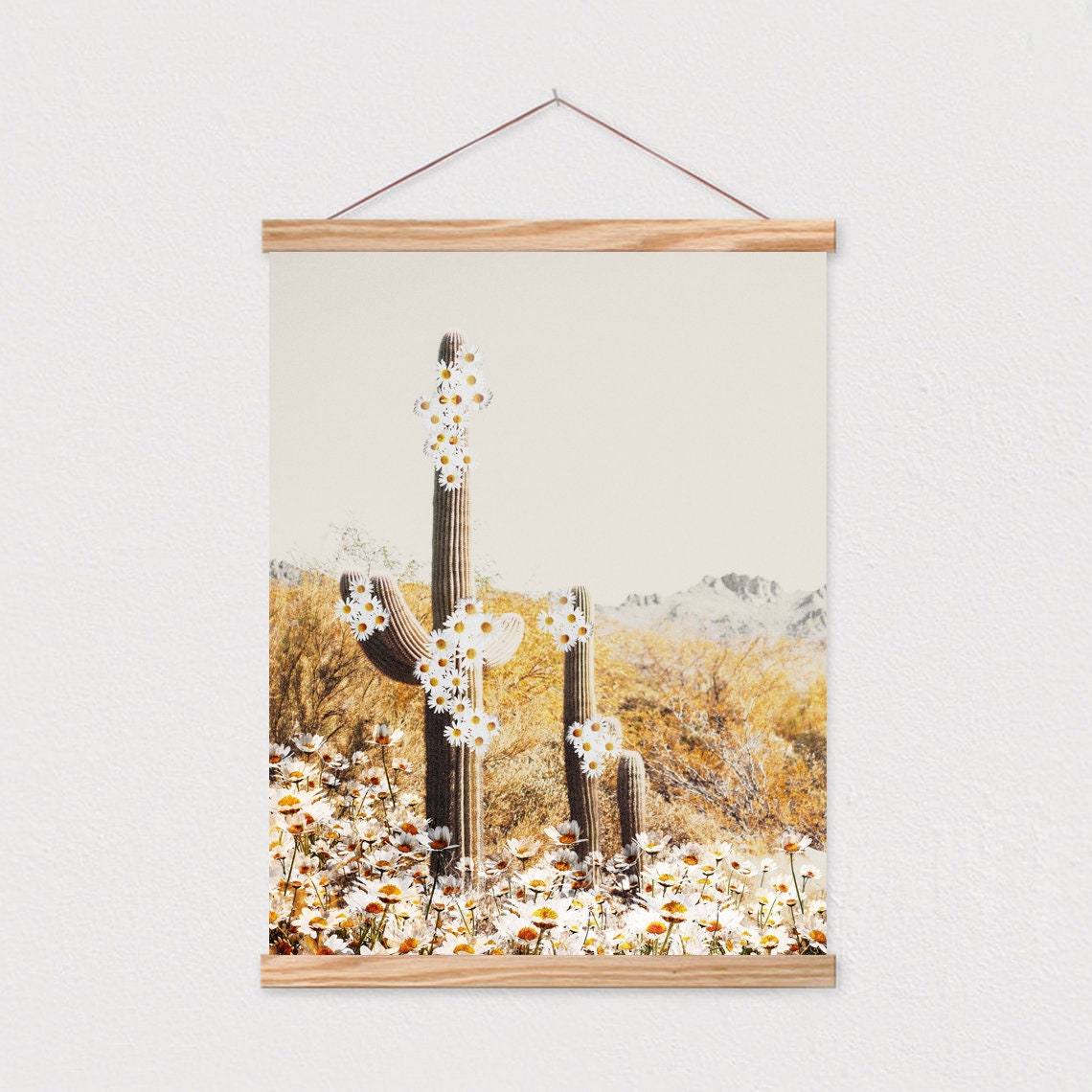 Saguaro Cactus with White Daisies Desert Landscape Wall Poster