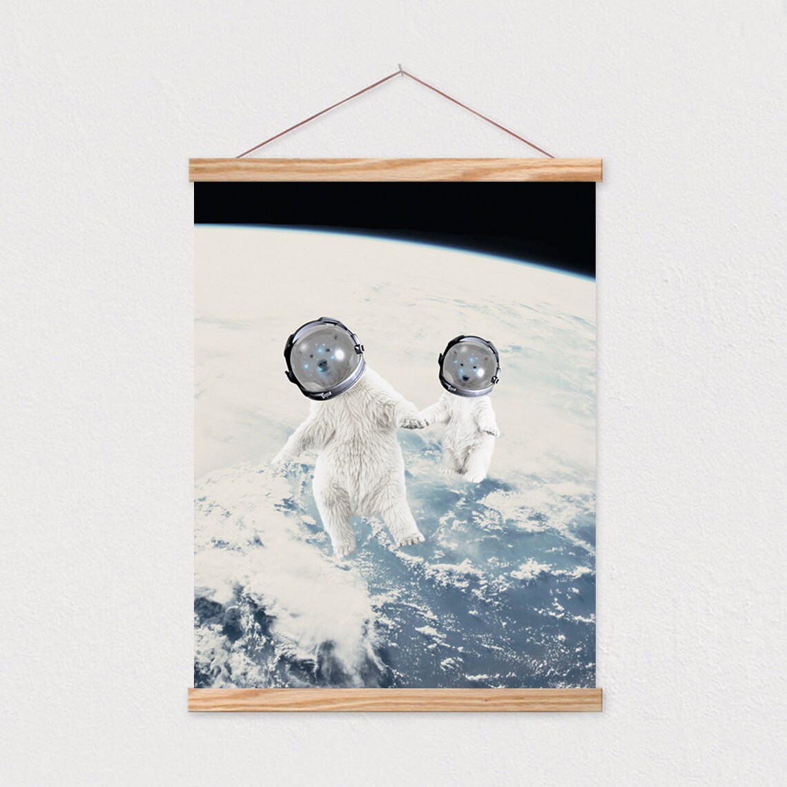 Polar Bears In Astronaut Helmets Floating Above Earth Funny Space Animal Poster