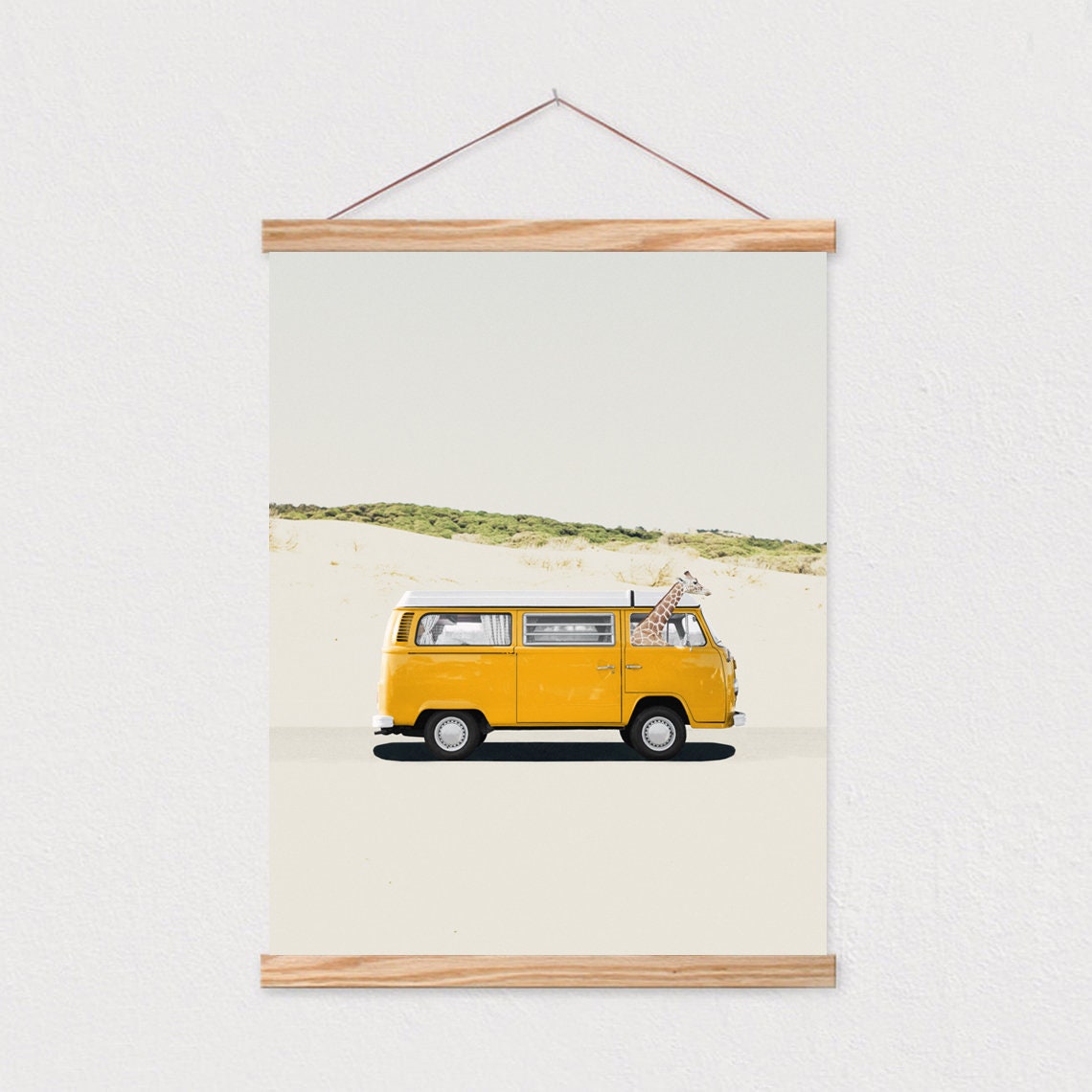 Giraffe Riding Yellow Retro Van Beach Dunes Funny Travel Poster