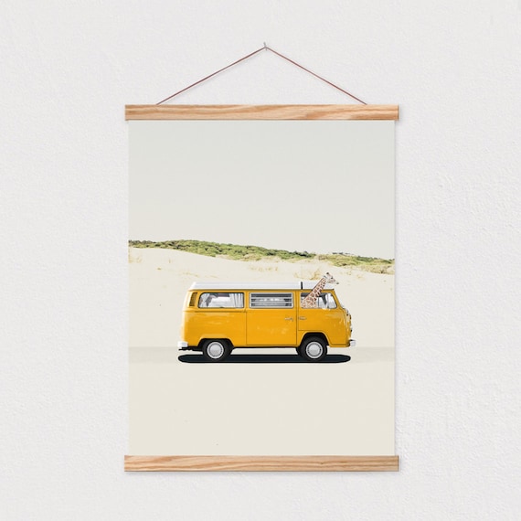 Giraffe Riding Yellow Retro Van Beach Dunes Funny Travel Poster