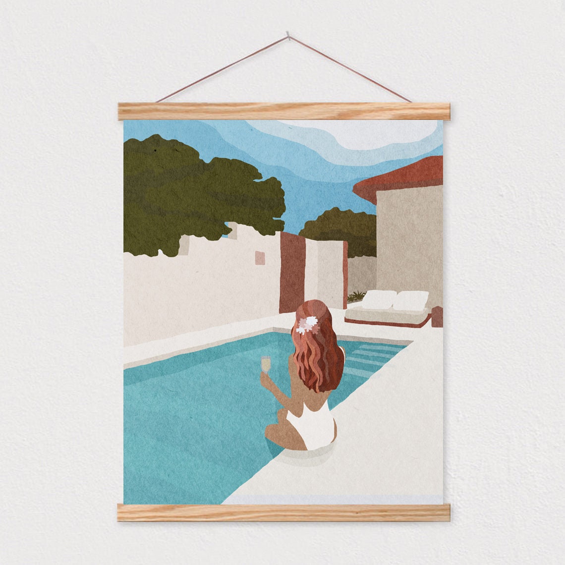 Woman By Turquoise Pool Relaxing Summer Vacation Illustration Poster - Image 2