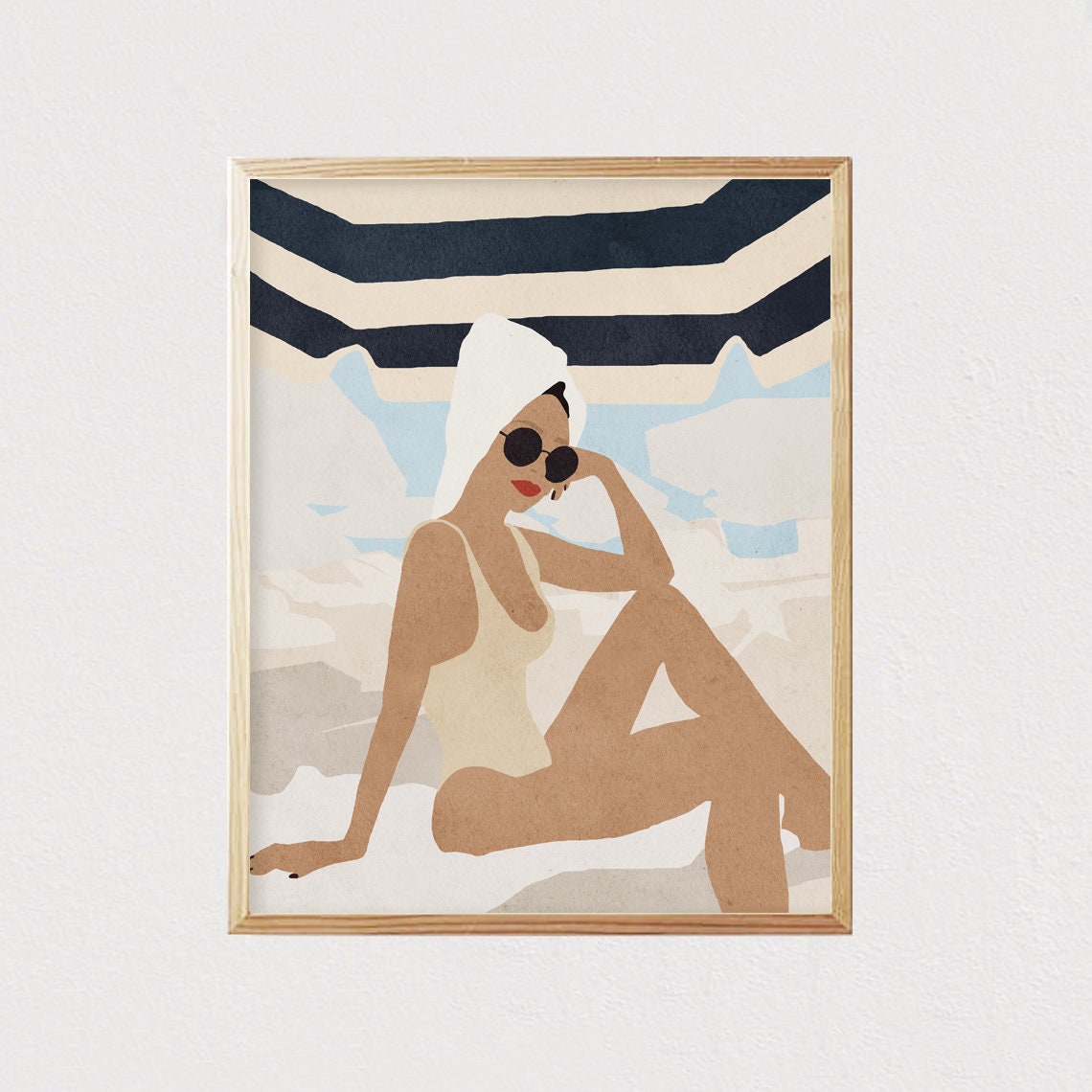 Woman Under Striped Beach Umbrella Mid Century Modern Poster