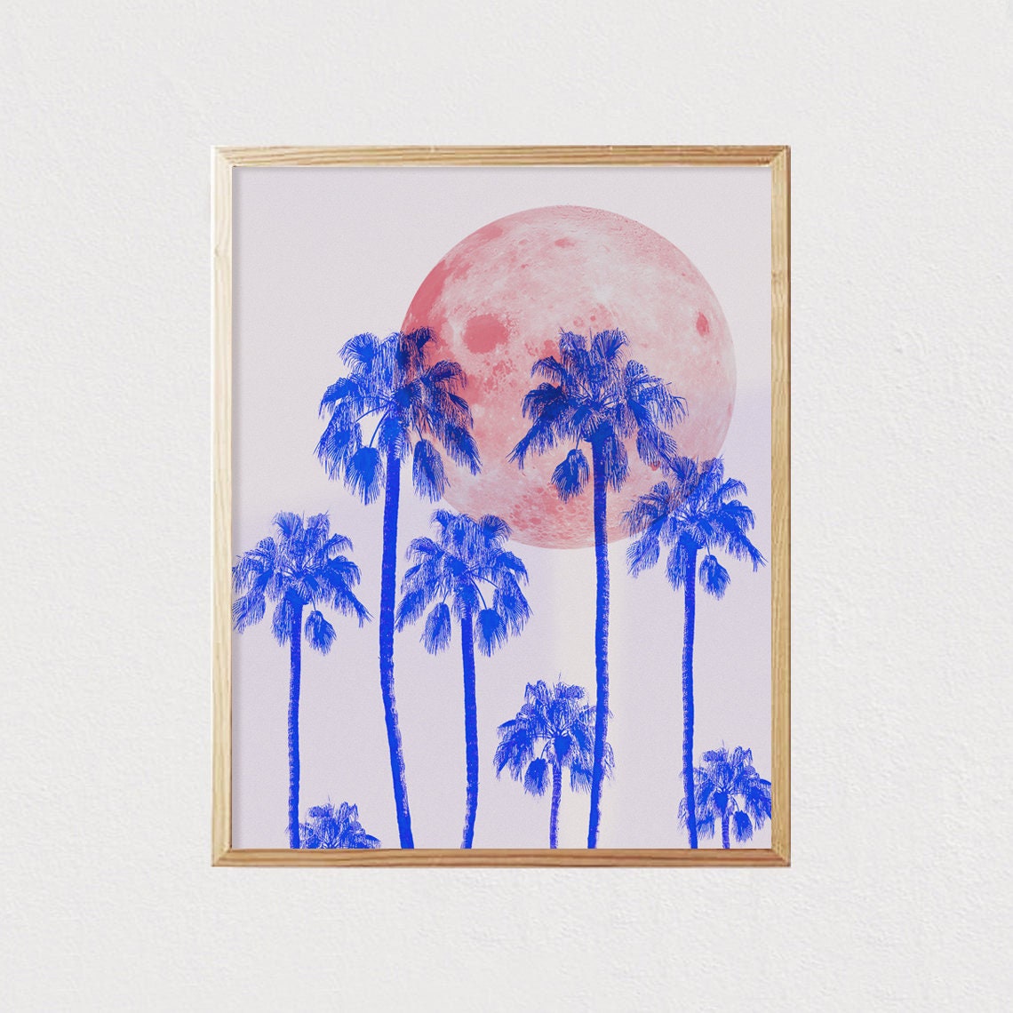 Blue Palm Trees Under Pink Full Moon Modern Tropical Wall Poster - Image 2