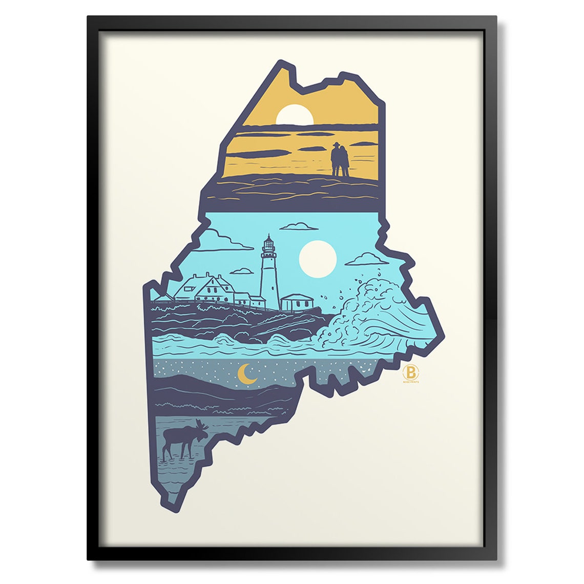 Layers of Maine State Shape Lighthouse Moose Sunset Art Poster
