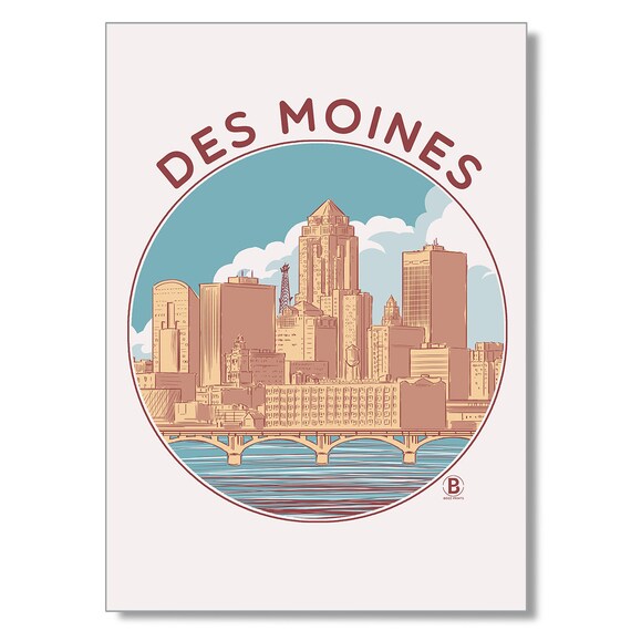 Des Moines Iowa Skyline Poster River Bridge Circle Vintage Style Art Decor