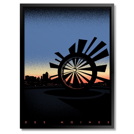 Des Moines Iowa Sunset Sculpture Skyline Retro Modern Art Poster
