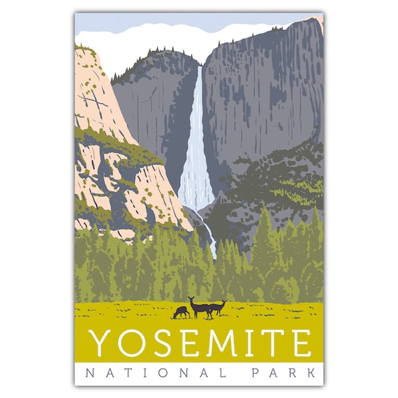 Yosemite National Park Waterfall Meadow Deer Vintage Travel Poster