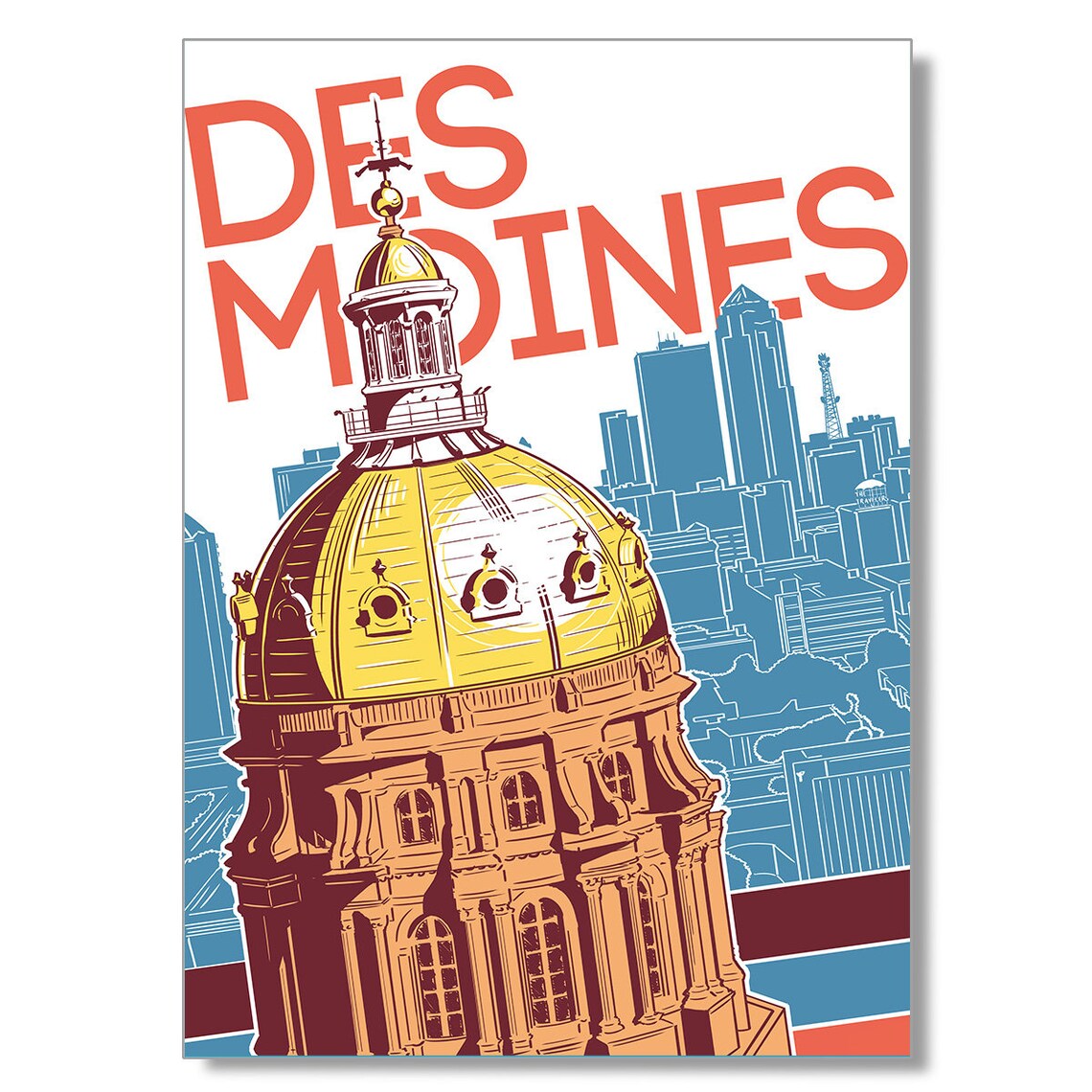 Des Moines Iowa Capitol Golden Dome Poster Close Up Blue Skyline Art Decor
