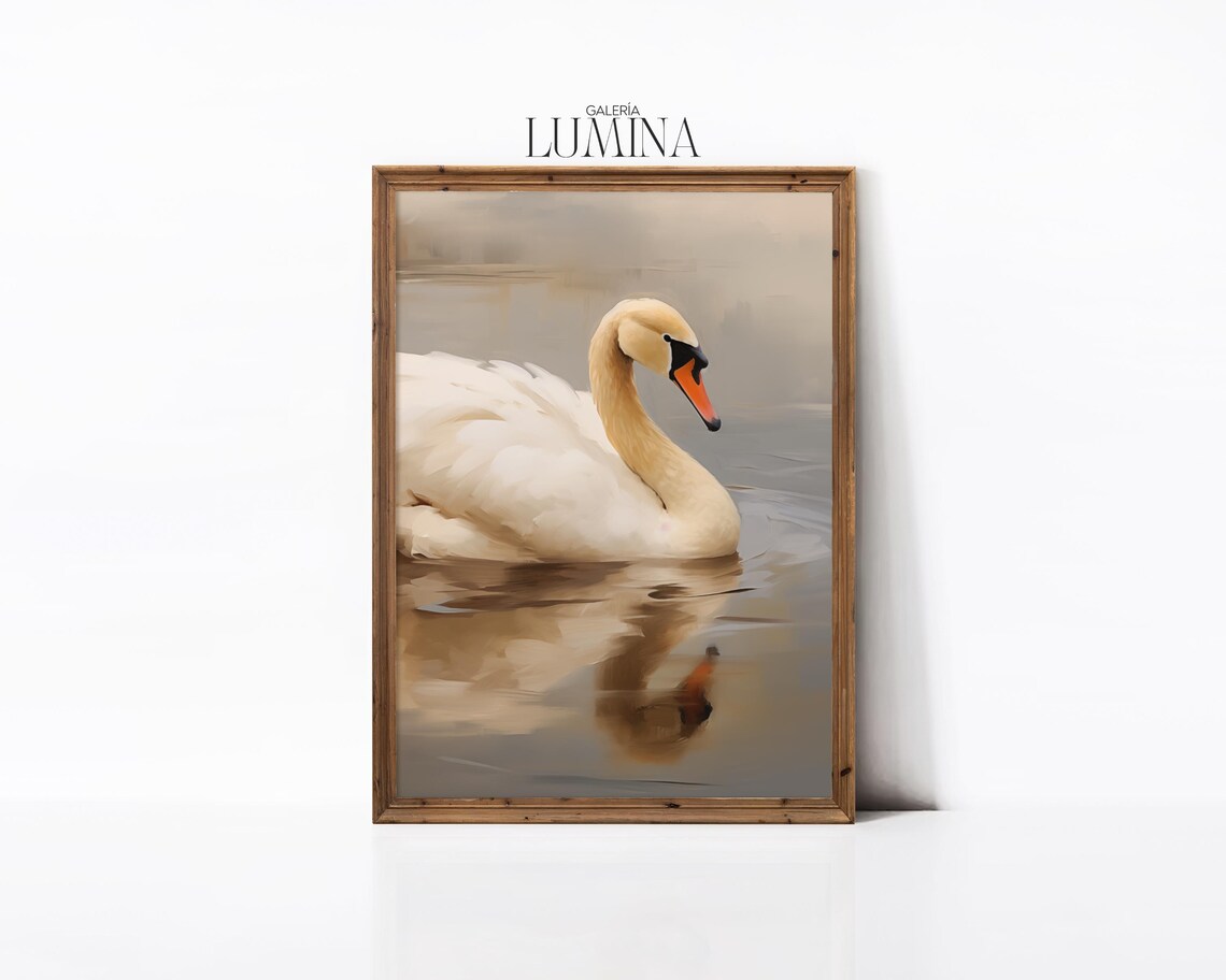 White Swan on Misty Water Minimalist Oil Painting Art Poster - Image 2