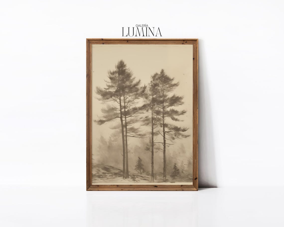 Pine Tree Lithographic Drawing Pine Tree Sketch Drawing Vintage Rustic Tree Sketch Neutral Tree Print Art Frame Tv Art 520 - Image 3