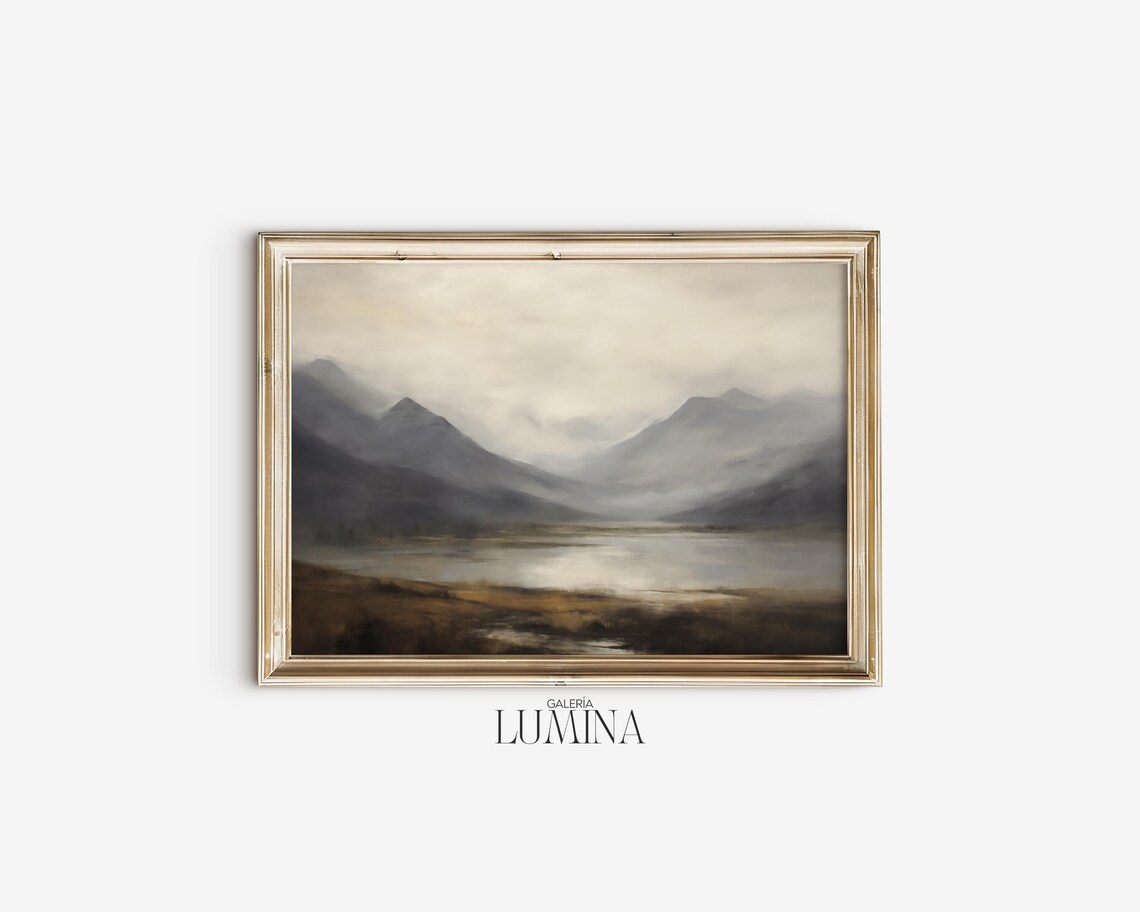 Foggy Scottish Highlands Valley Lake Misty Mountain Oil Poster - Image 2