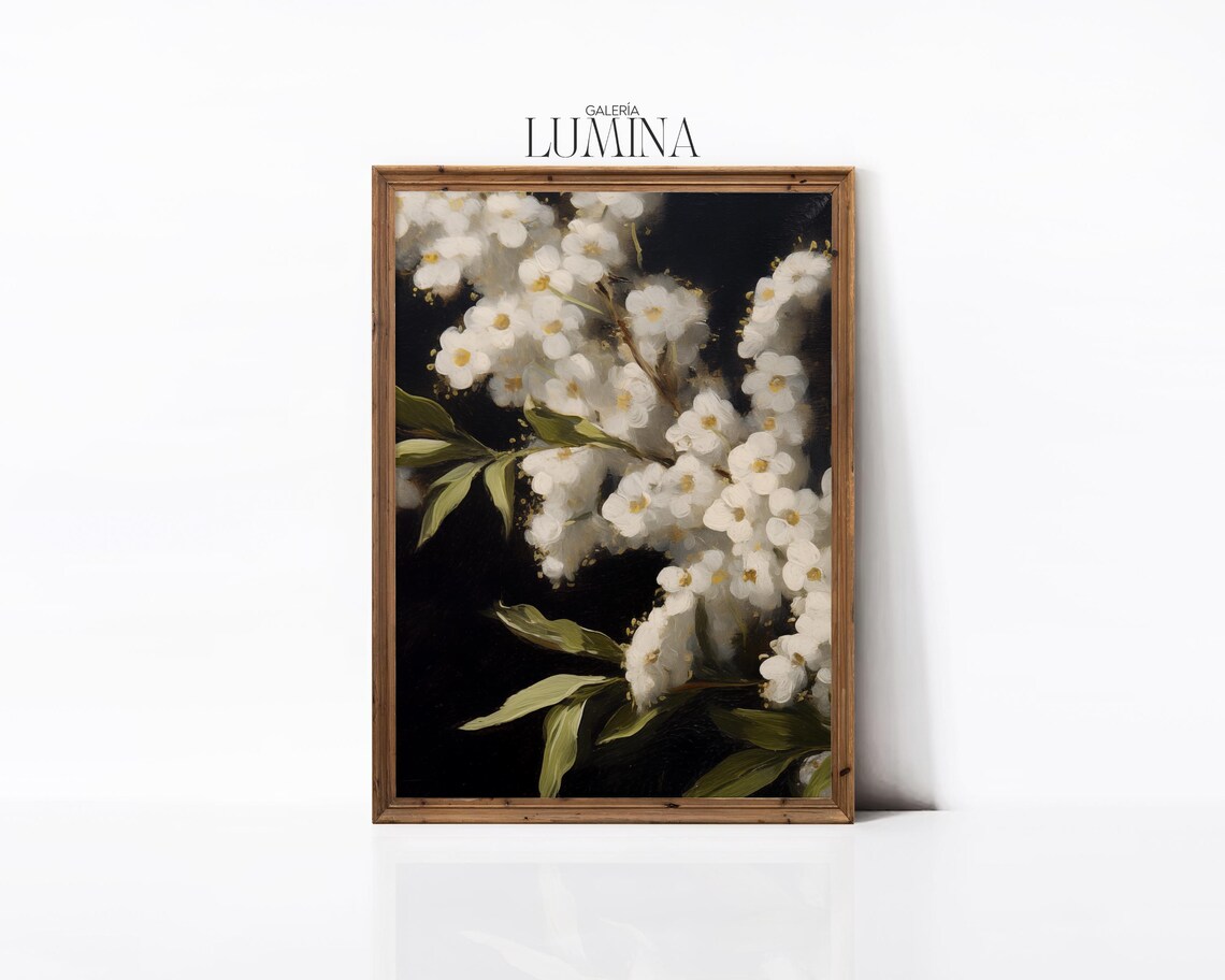 White Bridal Wreath Spirea Blossoms Dark Moody Floral Poster - Image 3