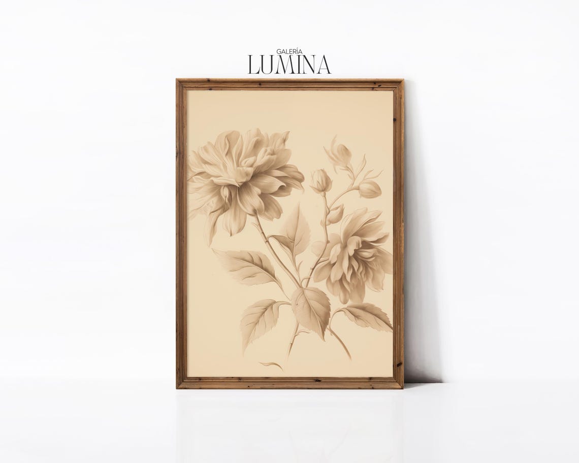 Antique Sepia Botanical Flower Sketch Minimalist Etching Poster - Image 3