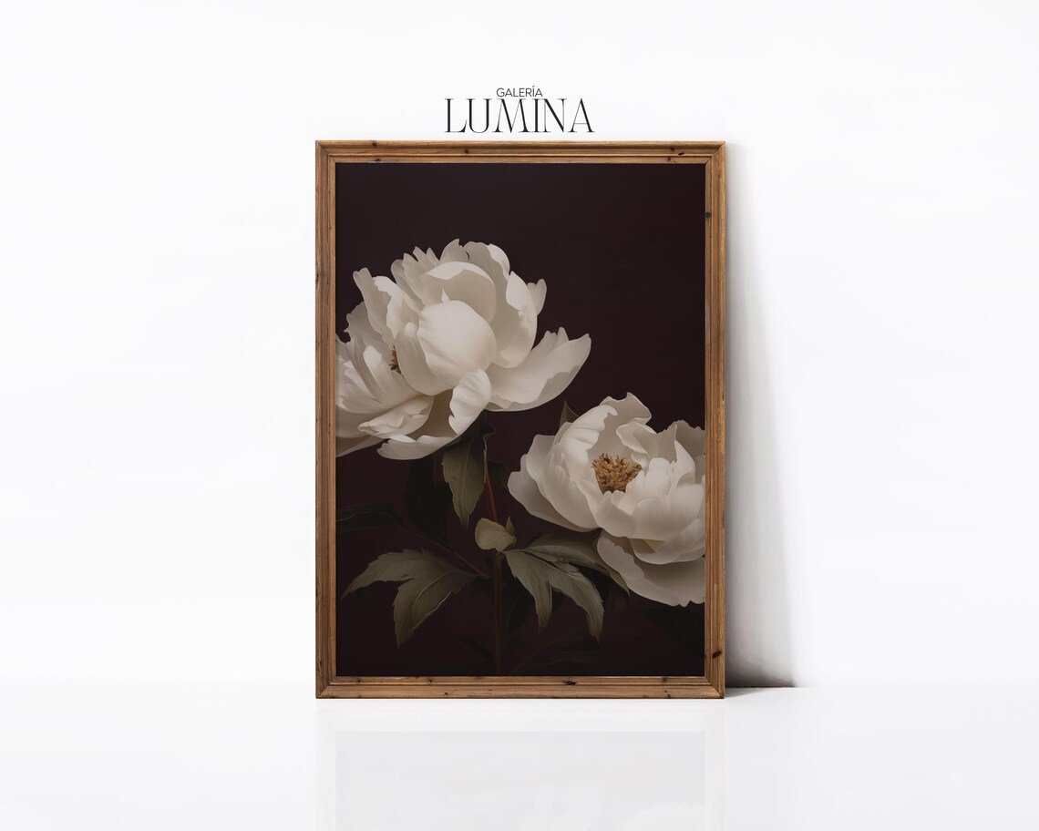 White Peonies Dark Brown Botanical Painting Antique Style Poster - Image 3