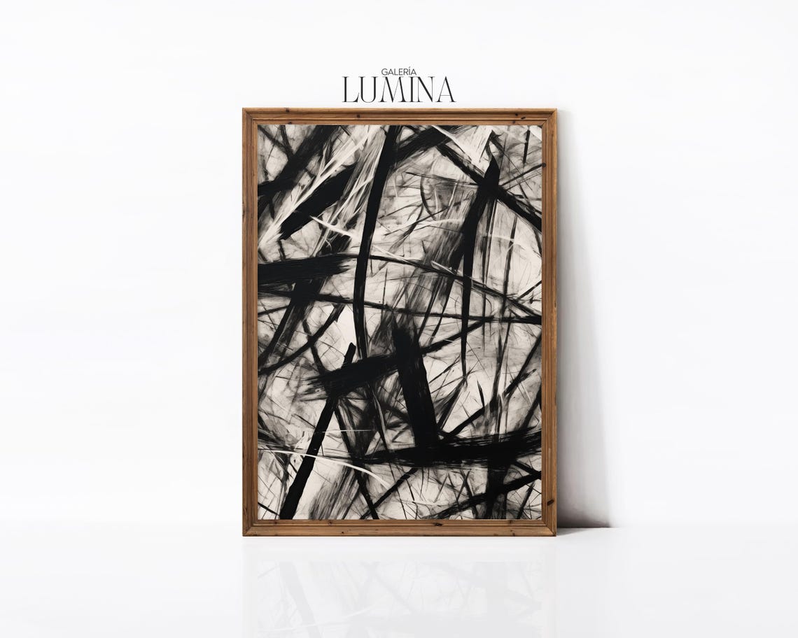 Black White Abstract Vertical Bars Scribble Monochrome Art Poster - Image 2