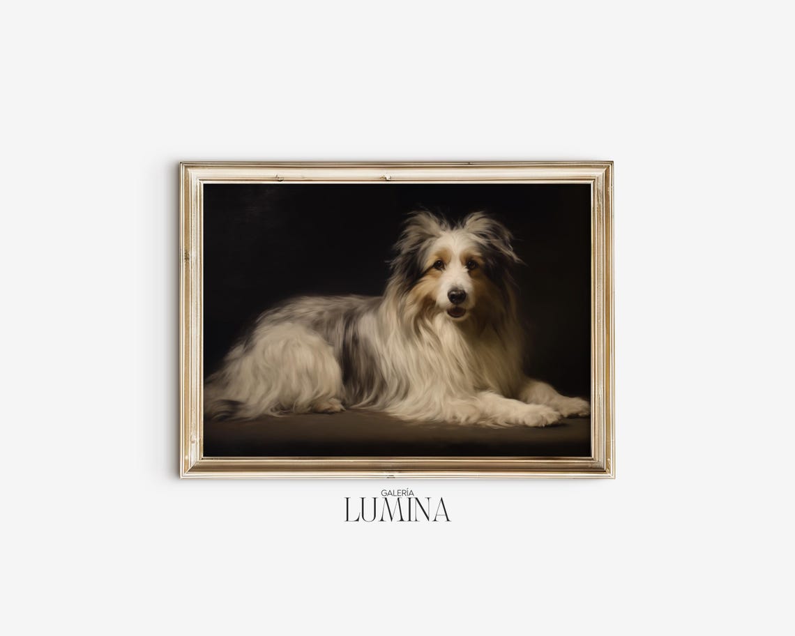 Shetland Sheepdog Portrait Painting Moody Sheltie Painting Vintage Long Haired White Fur Dog Painting Art Frame Tv Art 386 - Image 2