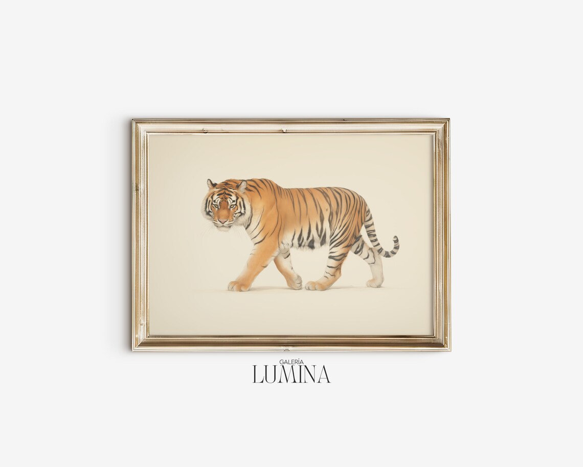 Pacing Tiger Illustration Orange Stripes Neutral Wildlife Art Poster - Image 2