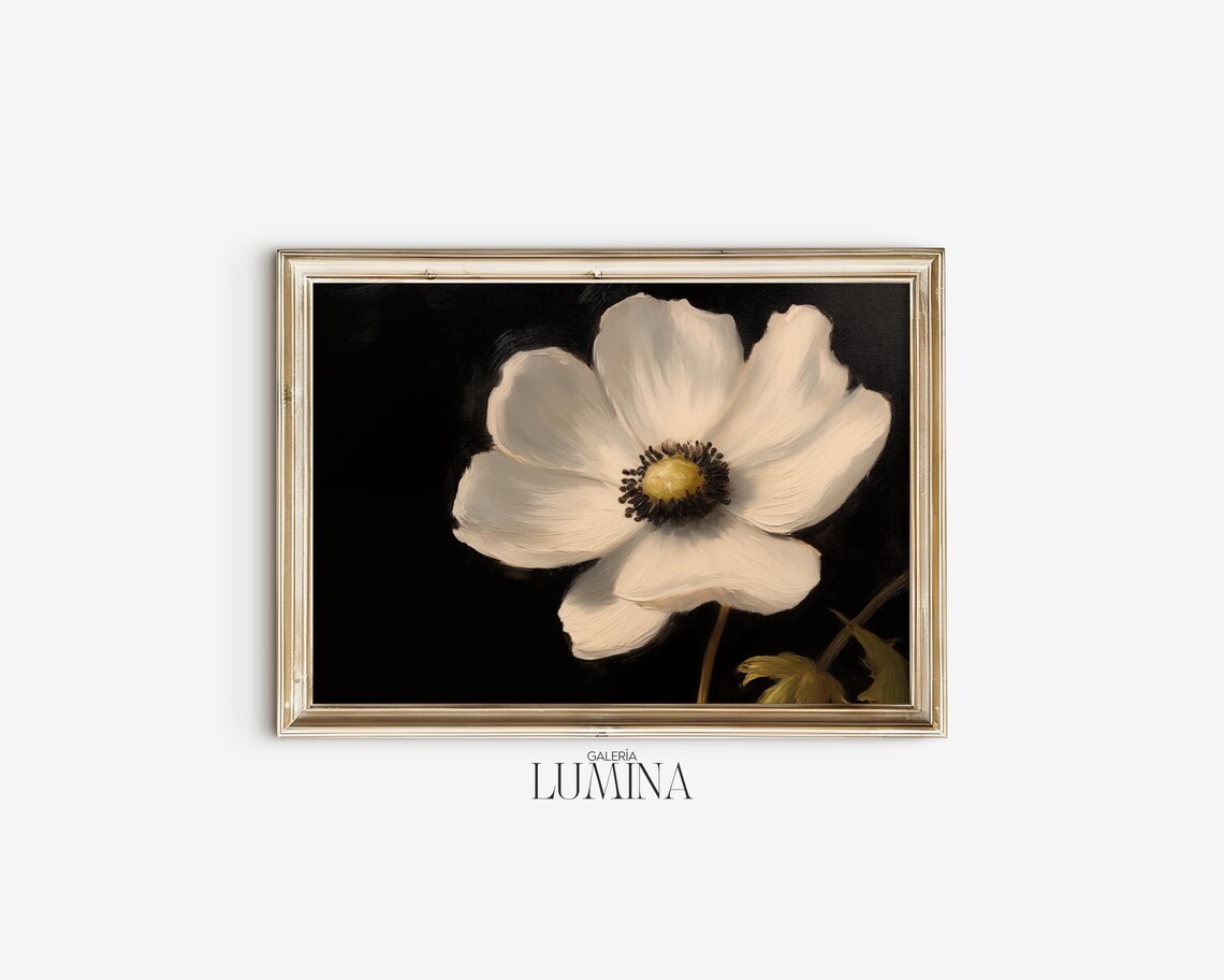 White Anemone Bloom Close-Up Dark Floral Oil Painting Poster - Image 2