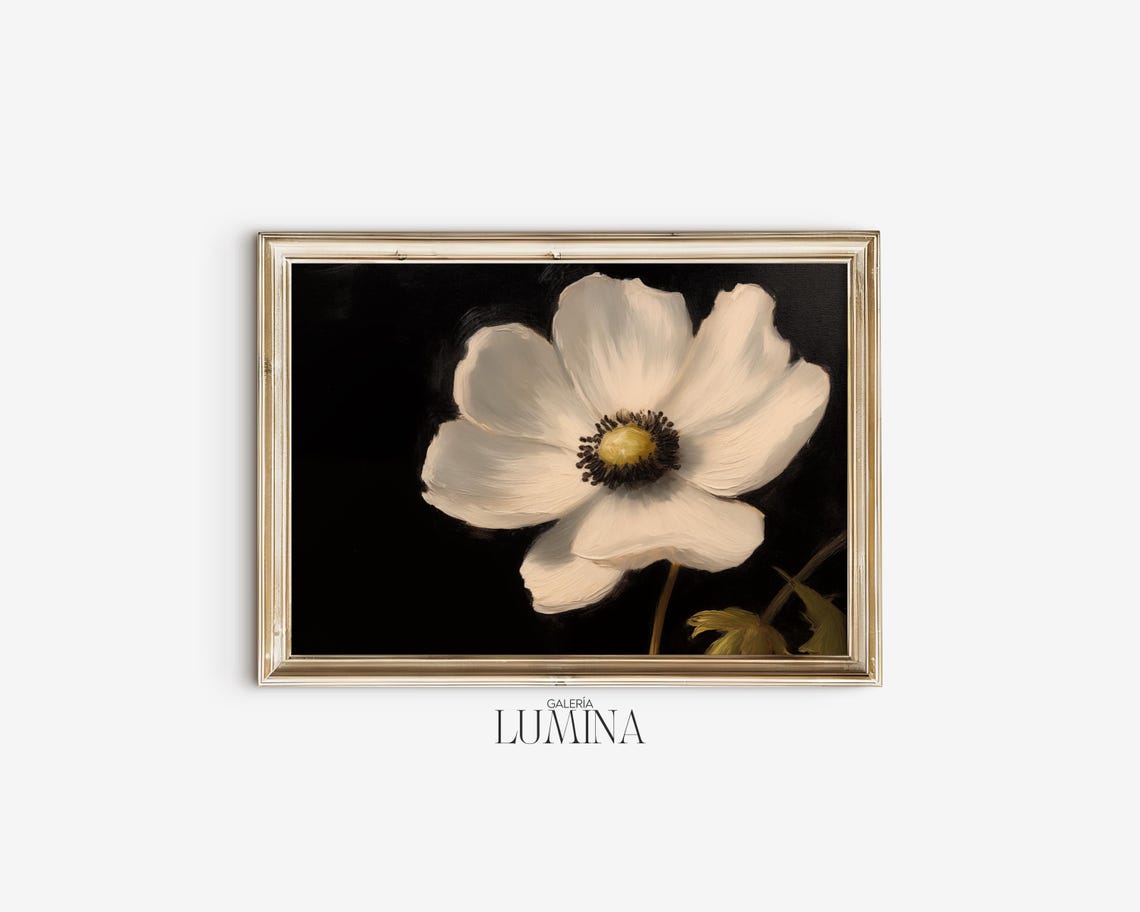 White Anemone Original Oil Painting Dark Moody Botanical Art Antique White Flower Still Life Painting Art Frame Tv Art 680 - Image 2