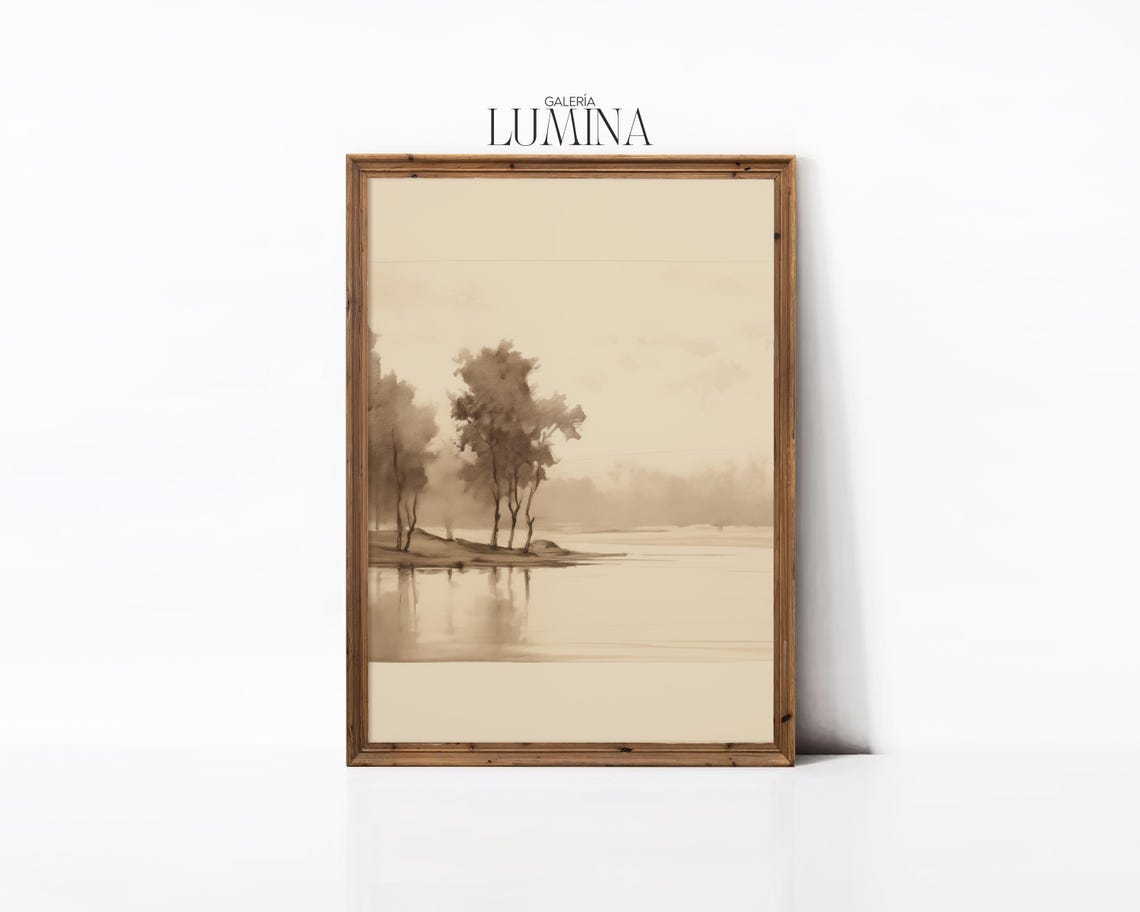 Sepia Tone River Trees Pencil Drawing Muted Color Minimalist Landscape Drawing Framed Tree Art Print Art Frame Tv Art 396 - Image 3