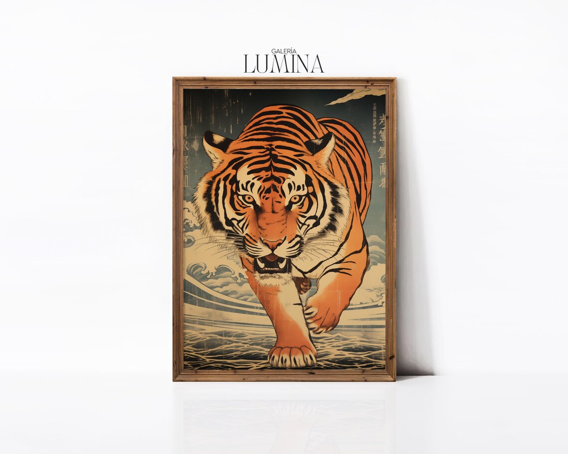 Japanese Tiger In Waves Ukiyo E Inspired Retro Vintage Woodblock Poster - Image 3