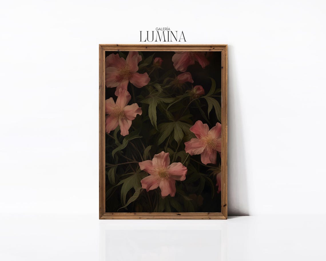 Dark Pink Flowers Vintage Painting Moody Botanical Print Dark Background Floral Still Life Painting Art Frame Tv Art 415 - Image 3