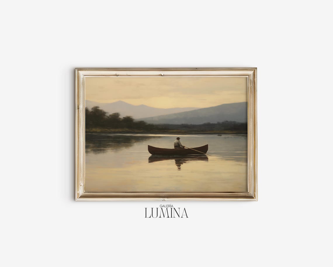 Vintage Fishing Canoe Oil Painting Antique Fisherman Painting Rustic Mountain Lake Landscape Painting Art Frame Tv Art 575 - Image 2