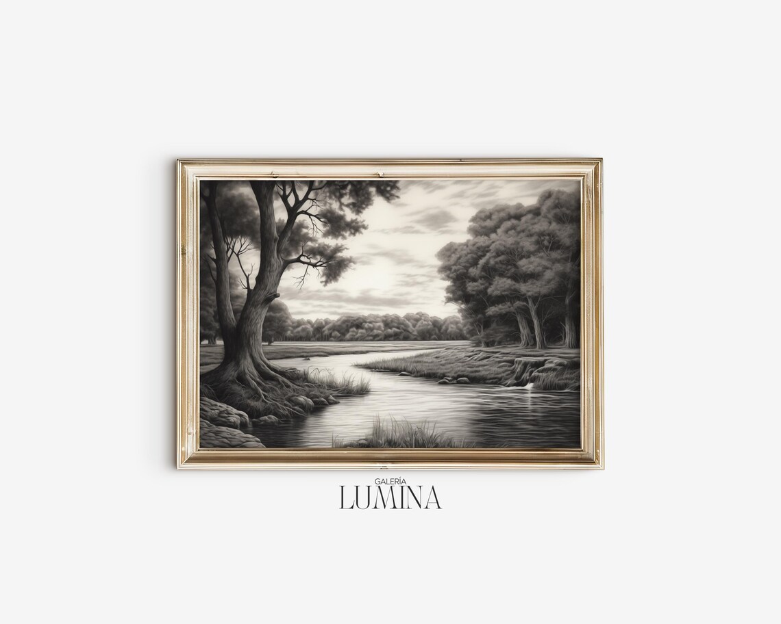 Monochrome Forest Landscape Pencil Drawing Art Print - Image 2