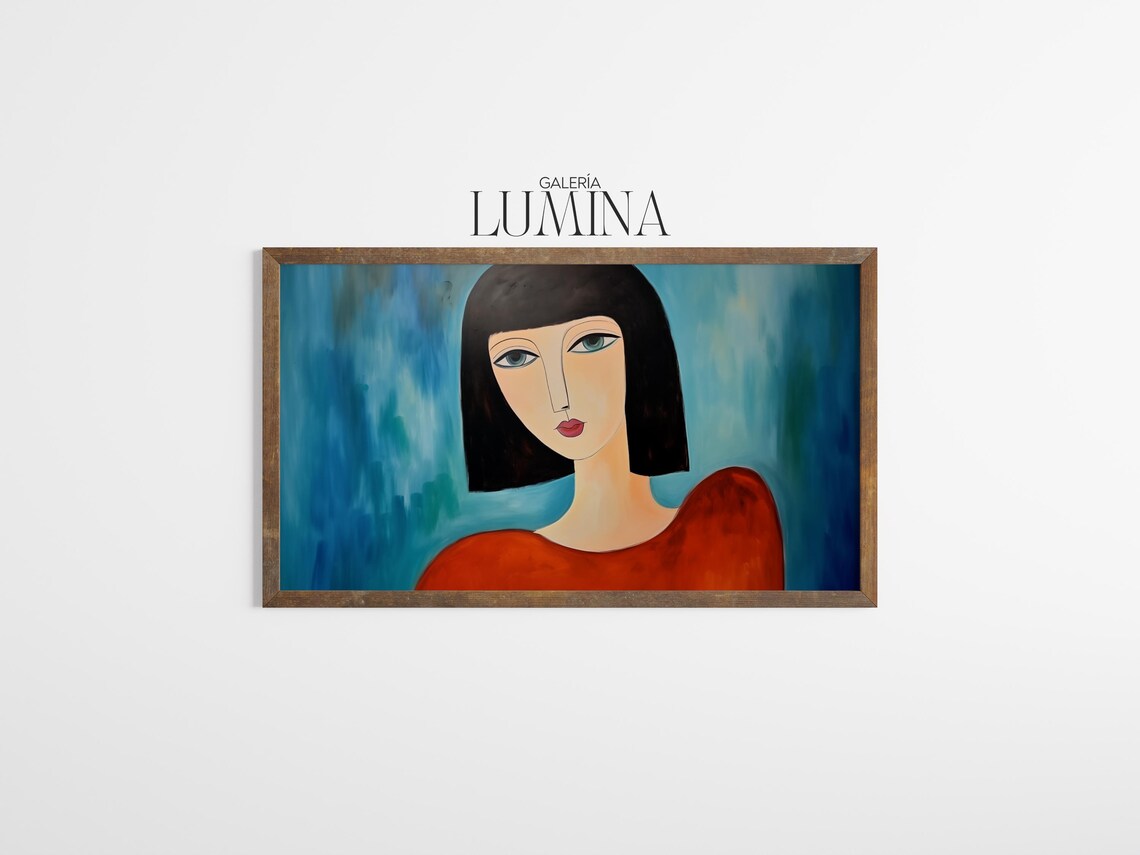Modern Woman Portrait Bob Haircut Red Top Blue Background Painting Poster - Image 3