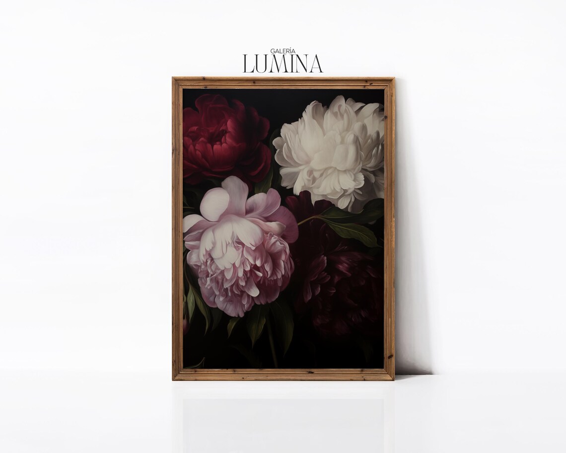 Dark Moody Peony Flowers on Black Velvet Oil Painting Art Poster - Image 2