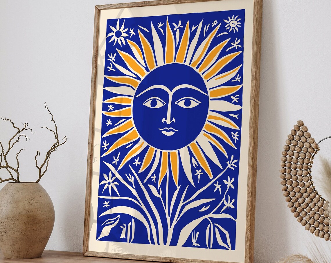 Blue Sun Face Golden Rays Folk Art Linocut Vintage Style Poster
