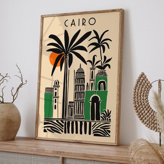 Cairo Egypt Travel Poster Modern Palm Tree And Architecture Illustration Wall Art For Home Decor Retro Travel Print Gift Hotel Room Decor