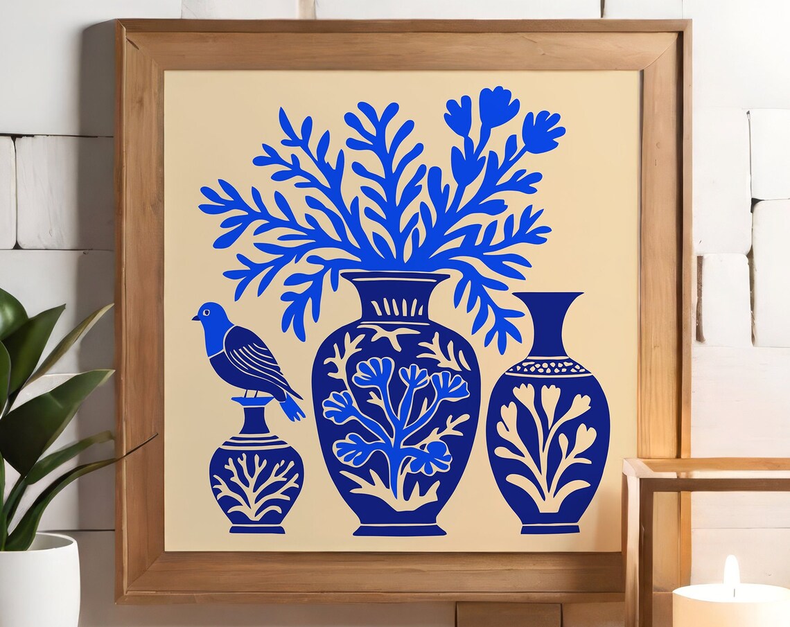 Blue Porcelain Vase Still Life With Bird Floral Botanical Poster
